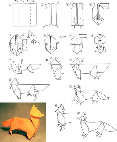 Схема поэтапного изготовления объемной лисы из бумаги