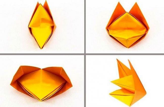 Схематическое объяснение того, как сделать голову лисы в стиле оригами
