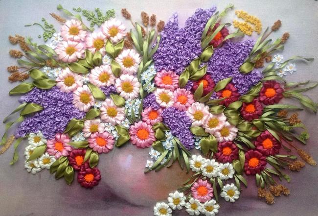Вышивка цветов из лент